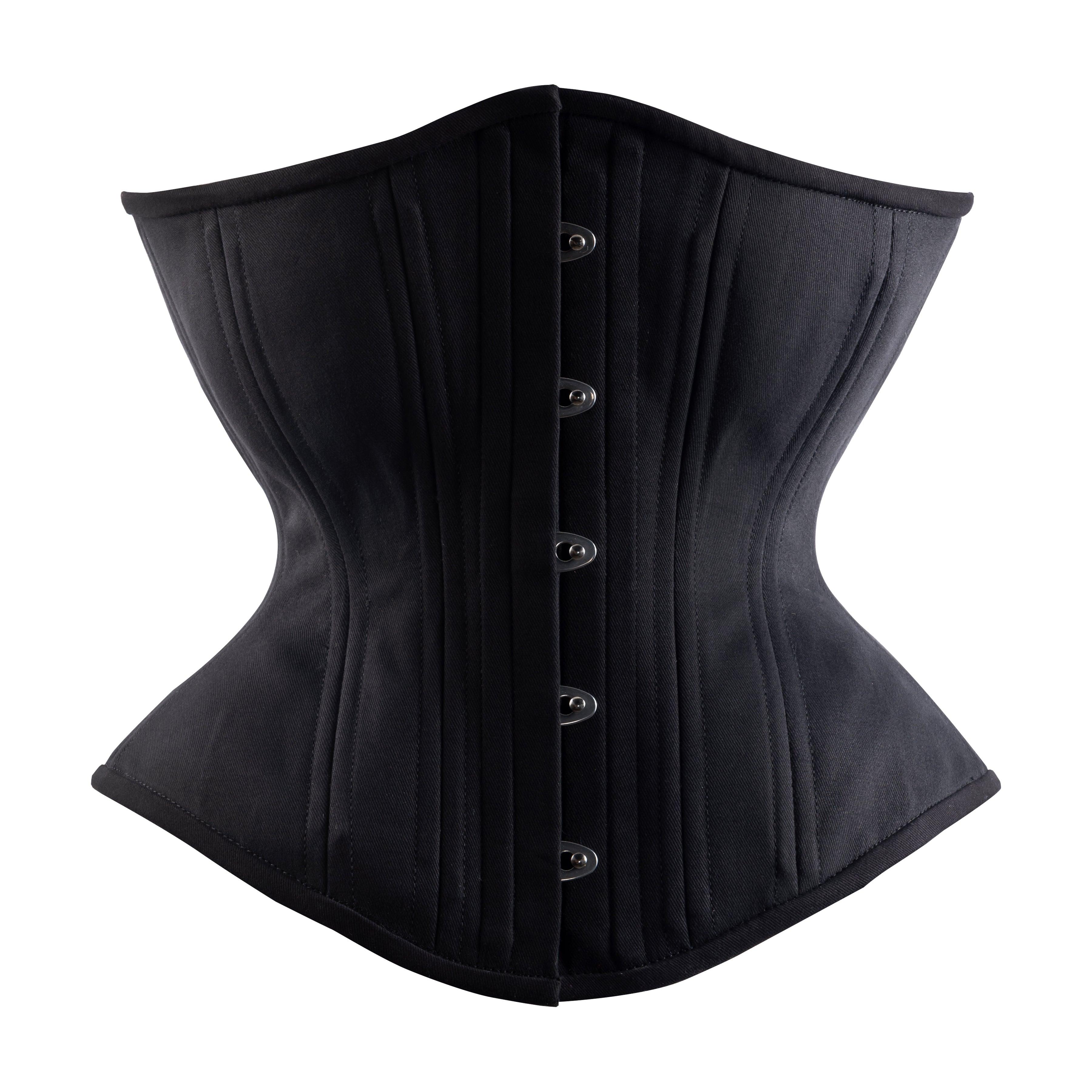 A black cotton corset with front busk closure and double steel boning. Black Cotton Novice corset, hourglass silhouette, regular underbust length, front view